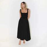 European And American Solid Color Square Collar Sleeveless Fitted Waist Backless Camisole Dress