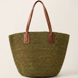 Håndvævet Raffia Tote Taske Med Læderhåndtag
