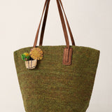 Håndvævet Raffia Tote Taske Med Læderhåndtag