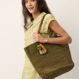Håndvævet Raffia Tote Taske Med Læderhåndtag