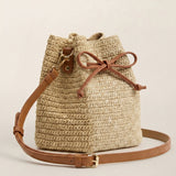 Mini Håndvævet Raffia Drawstring Crossbody Taske