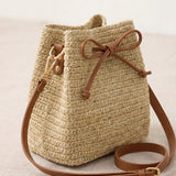 Mini Håndvævet Raffia Drawstring Crossbody Taske