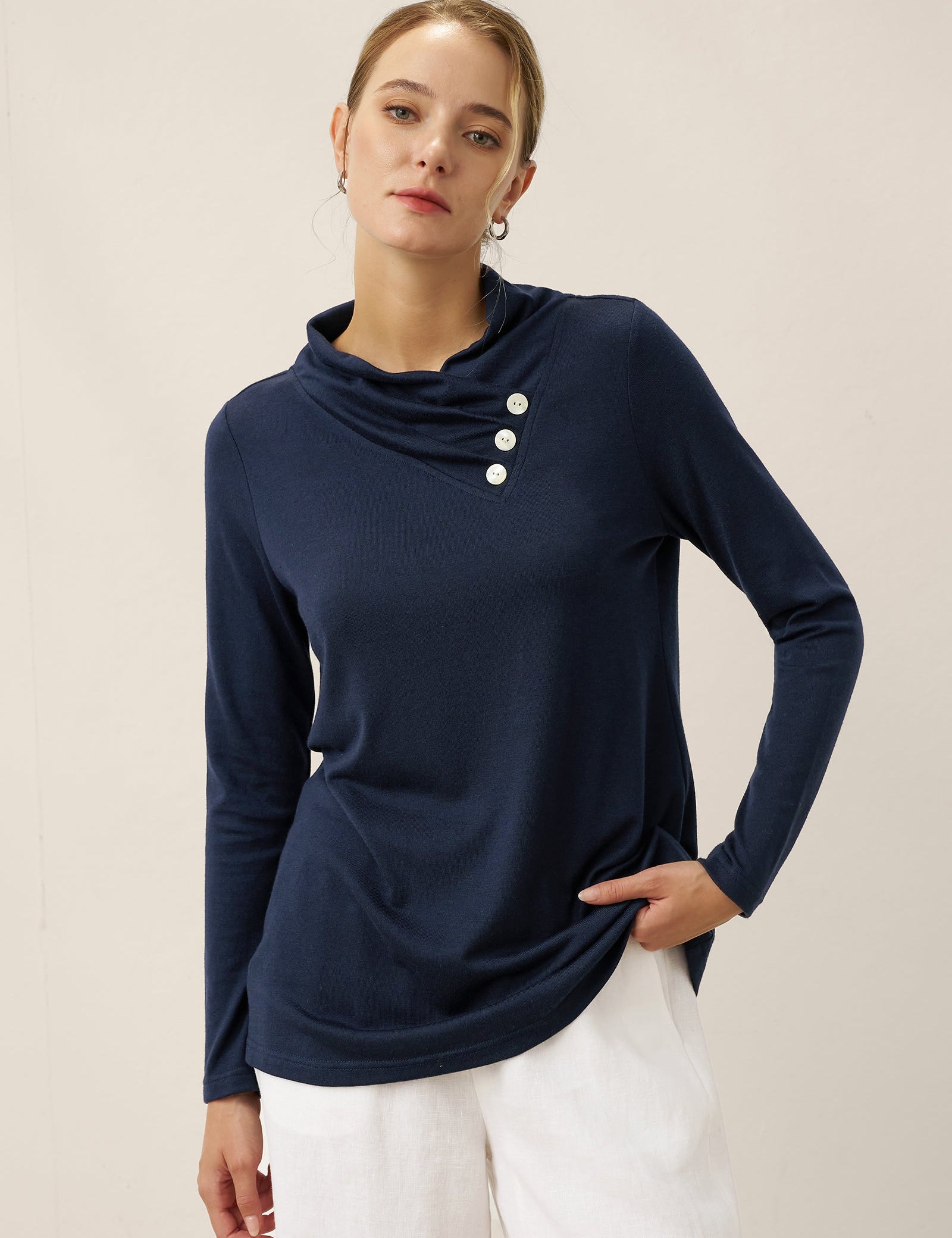 Cashmere Asymmetrisk Cowl Neck Stretch Top TATIANA
