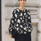100% Linned Blomstret Trykt Samlet Pullover Top AMIYA