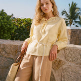 100% Linned Snørelukket Smocked Lantern Ærme Bluse DOROTHEA