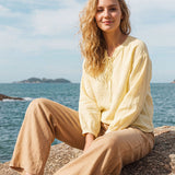 100% Linned Snørelukket Smocked Lantern Ærme Bluse DOROTHEA
