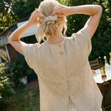 100% Linned Plaid Aftagelig Bælte-Split-Hals Top LEXIE