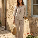 100% Linned Asymmetrisk Kant Knap-Trim Top NYLA