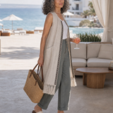 100% Linned Geometrisk Trim Frynset Kant Lang Vest ROSALIE