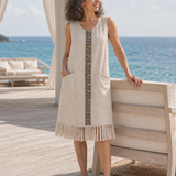 100% Linned Geometrisk Trim Frynset Kant Lang Vest ROSALIE
