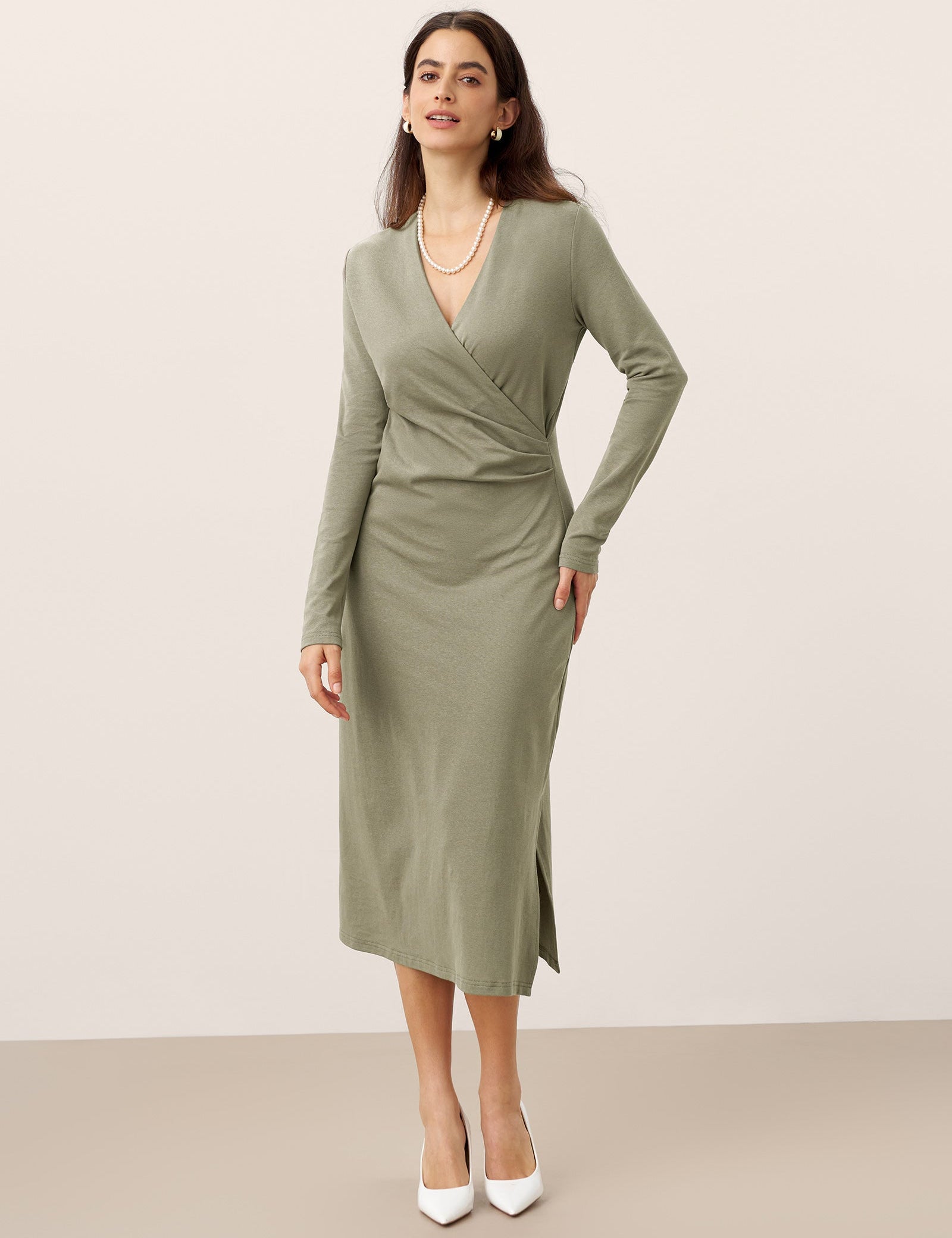 Crossover V-Hals Wrap Stretch Midi Kjole MARNIE