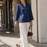 100% Linned Deep V-Hals Pullover med Knapdetaljer JOLYNE