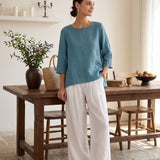 100% Linned Rundhalset Asymmetrisk Kant Top BRIANNA