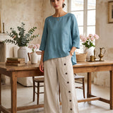 100% Linned Rundhalset Asymmetrisk Kant Top BRIANNA