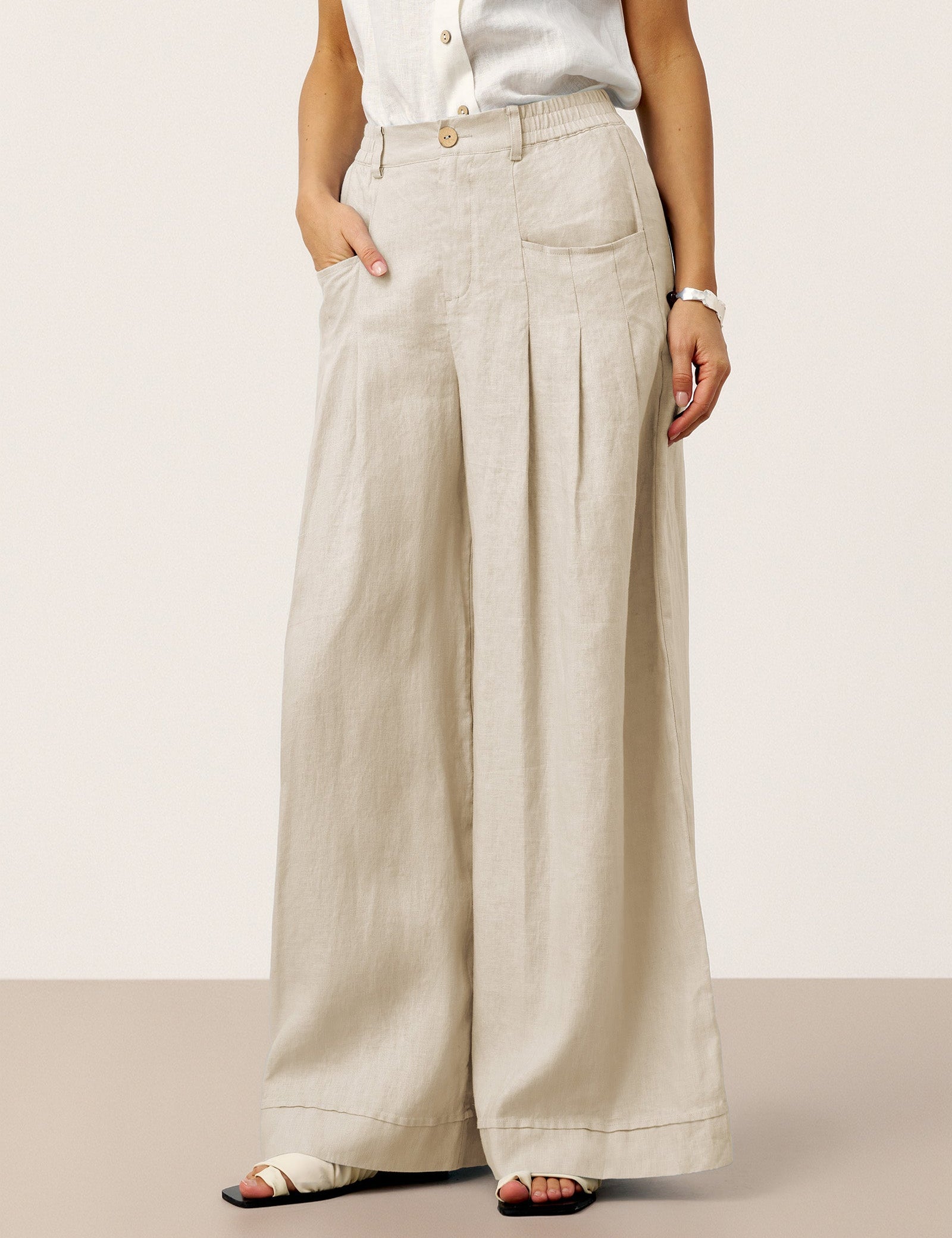 100% Linned Skulptureret Plisseret Elastisk Bag Relaxed Bukser VERIDIANA