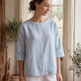 100% Linned Bådudskæring 3/4 Lange Ærmer Top AURORA