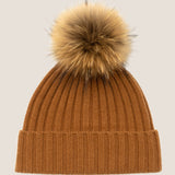 100% Cashmere Rib-Knit Slouchy Beanie Med Pom-Pom