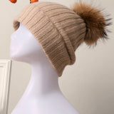 100% Cashmere Rib-Knit Slouchy Beanie Med Pom-Pom