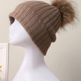 100% Cashmere Rib-Knit Slouchy Beanie Med Pom-Pom