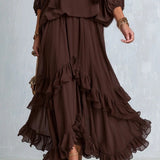 Ondine | Ensemble Top Chiffon Brun med Frynser og Volang Skørt