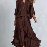 Ondine | Ensemble Top Chiffon Brun med Frynser og Volang Skørt