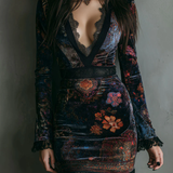 Iris | Mini Bodycon Kjole i Velour, Blonder og Blomsterprint
