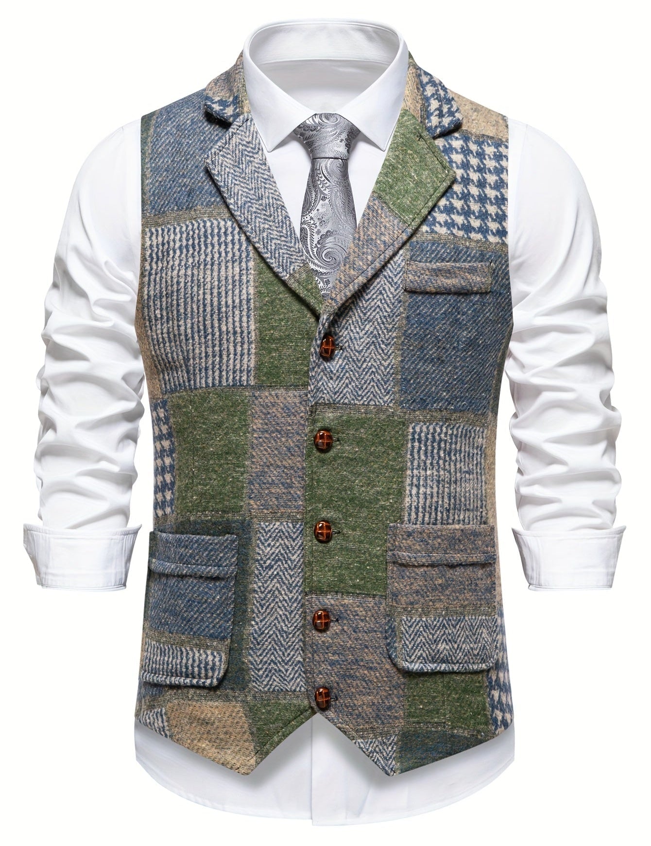 MØRK™ | Patchwork Tweed Vest med Herringbone-mønster