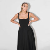 European And American Solid Color Square Collar Sleeveless Fitted Waist Backless Camisole Dress