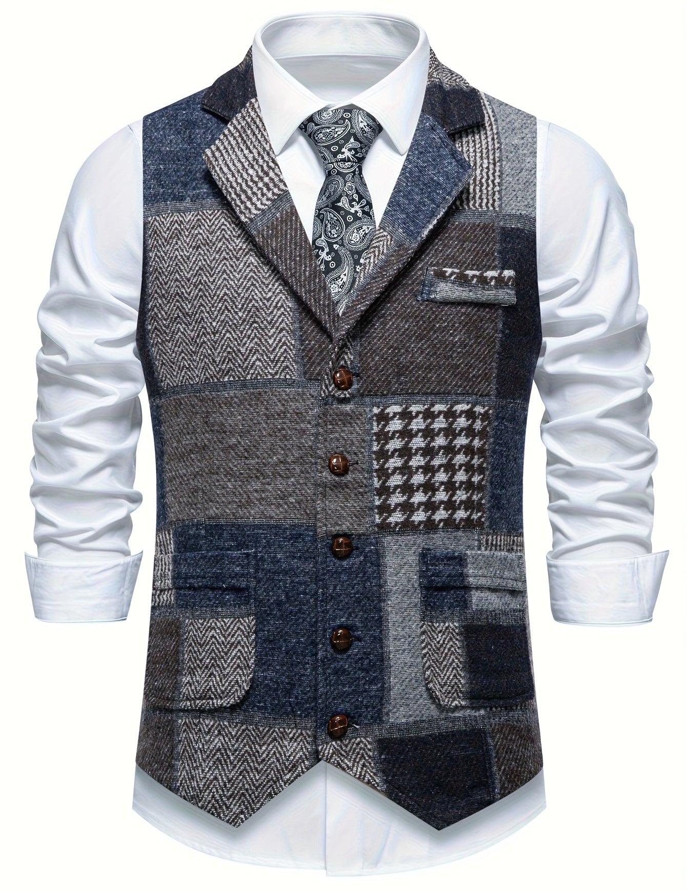 MØRK™ | Patchwork Tweed Vest med Herringbone-mønster