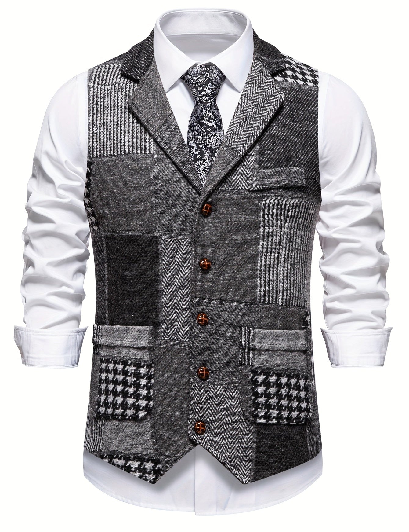 MØRK™ | Patchwork Tweed Vest med Herringbone-mønster