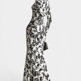 Amada Floral Sort Og Hvid Wrap Kjole Med Høj Krave