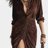 Quitterie Midi Kjole i Plisseret Velour med Vintage Knapper