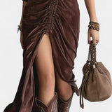Quitterie Midi Kjole i Plisseret Velour med Vintage Knapper