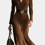 Huguette Midi Split Kjole i Syntetisk Suede Retro Western Stil